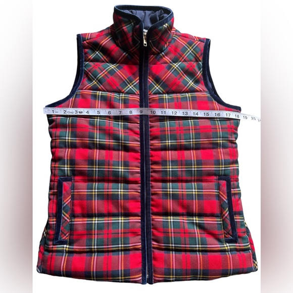 J. Crew Red Tartan Plaid Mountain Wool Blend Puffer Vest Velvet Trim- Size XS - Picture 8 of 14
